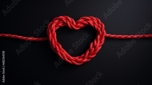 Red rope heart shape on black background. 