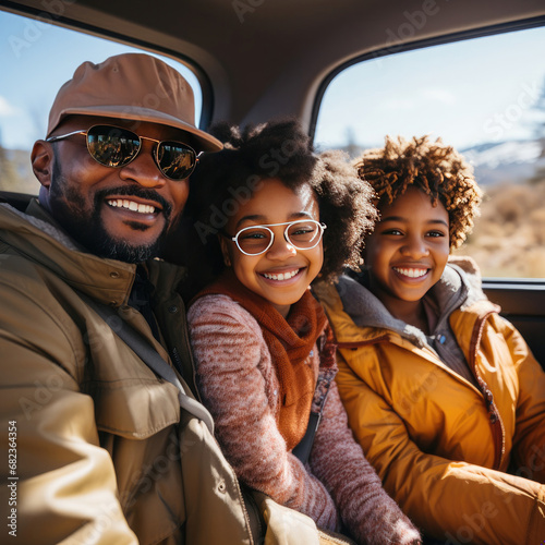 African American family enjoying a sunny road trip creating lasting memories with happiness and bonding as travel and leisure can be represented in one cheerful moment photo