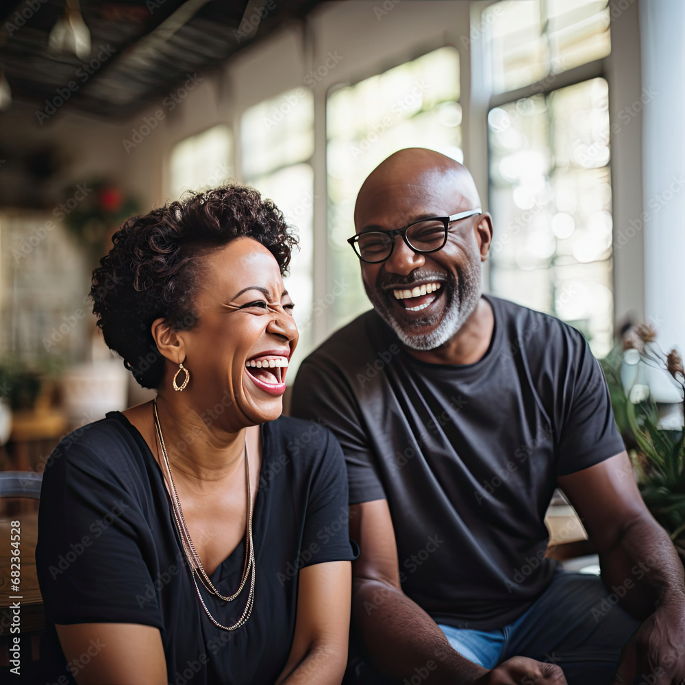 Joyful middle-aged African American couple laughing together in a cafe showing love friendship and a vibrant connection ideal for marketing lifestyle and relationship themes