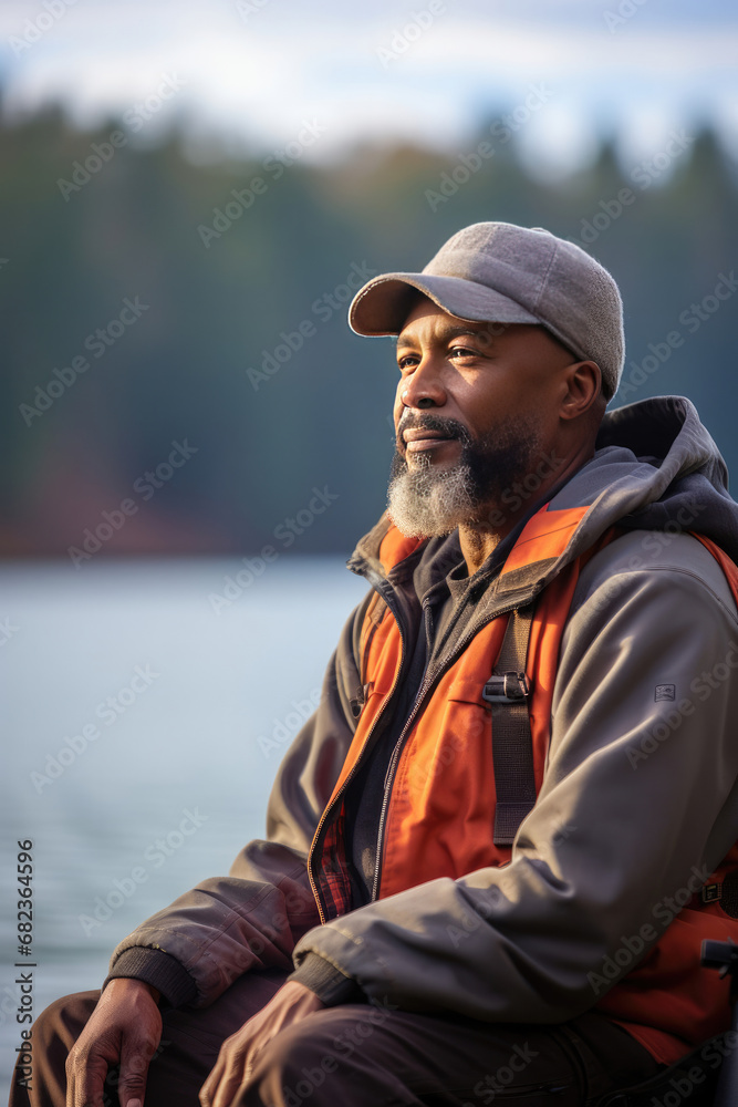 Mature African American man in tranquil contemplation by the lake suitable for outdoor lifestyle and relaxation themes