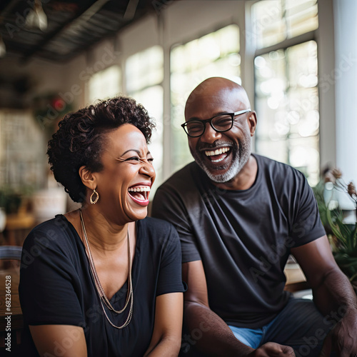 Joyful middle-aged African American couple laughing together in a cafe showing love friendship and a vibrant connection ideal for marketing lifestyle and relationship themes © Made360