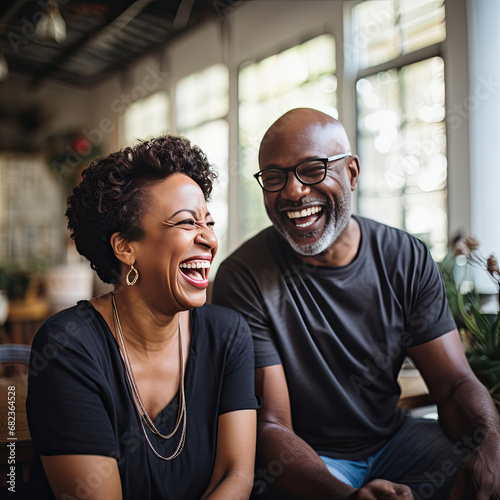 Joyful middle-aged African American couple laughing together in a cafe showing love friendship and a vibrant connection ideal for marketing lifestyle and relationship themes