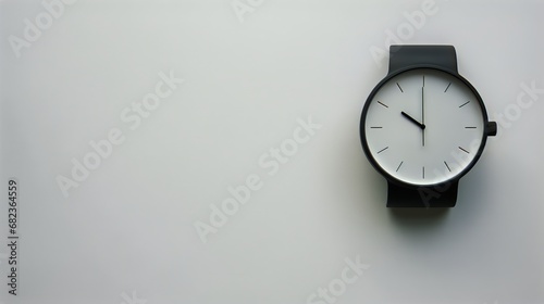 A watch with no digits and a black strap on the white background