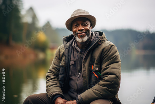 Smiling middle-aged man of African descent enjoying a relaxing day by the lake representing leisure adventure and outdoor lifestyle