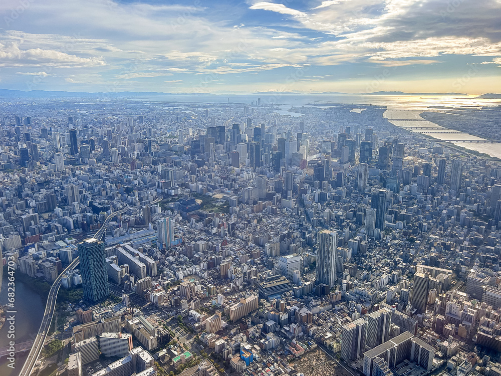 Naklejka premium 飛行機から見た大阪梅田周辺の高層ビル群