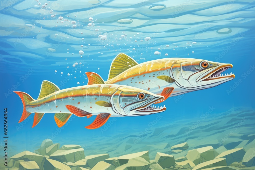 Fototapeta premium rainbow trouts spotted fins brushing against crystal clear water