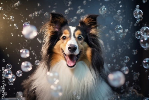 A happy dog takes a bath with foam and soap bubbles in pet grooming salon. Caring for the charming black tricolor Sheltie puppy. Generative AI.