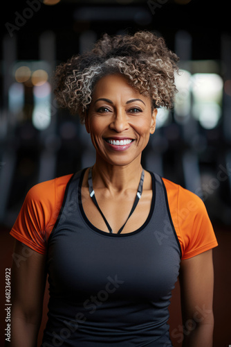 Smiling mature woman of African descent in fitness attire at gym embodying health and confidence © Made360