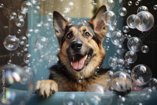 A happy dog takes a bath with foam and soap bubbles in pet grooming salon. Caring for the charming German shepherd puppy. Generative AI. © Nikolai
