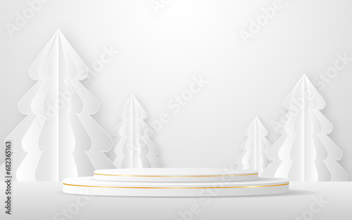White podium with gold lines with Christmas tree paper cut style for product presentation. Display of cosmetic products. Stage or podium. Vector illustration