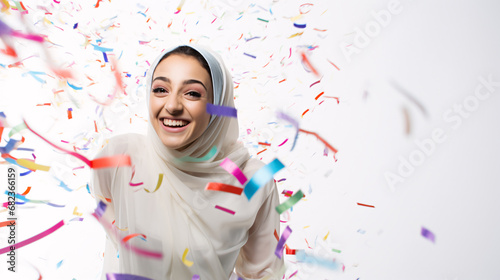 Model laughing, celebrating birthday, event, football, achievement, new years, in an explosion of confetti 