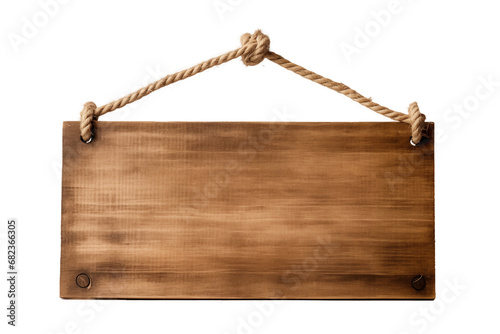 Empty hanging wooden sign board with ropes isolated on transparent PNG or white background. Signpost and billboards concept.