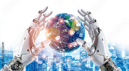 ai robot hand holding the world