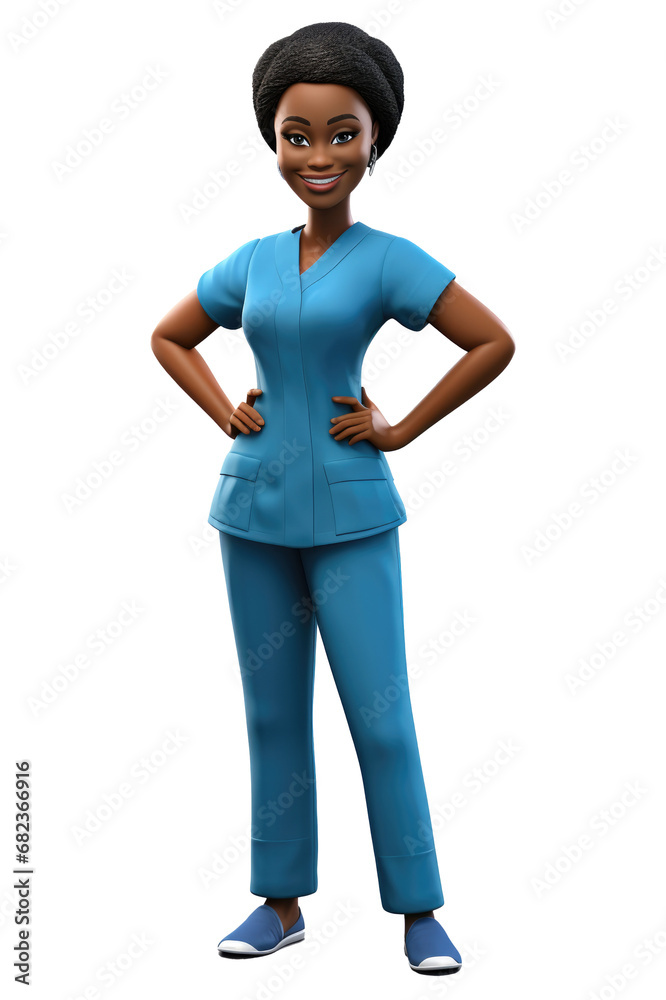 Fototapeta premium Generative AI of Smiling African American Nurse Illustration isolated on with background with clipping path cut out concept for Hospital Healthcare, Professional Medicine, and Clinical Support