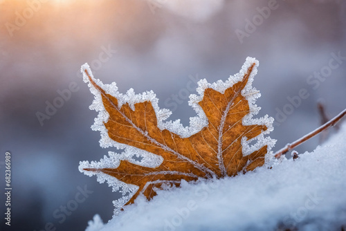 A leaf covered with hoarfrost in nature in the snow
