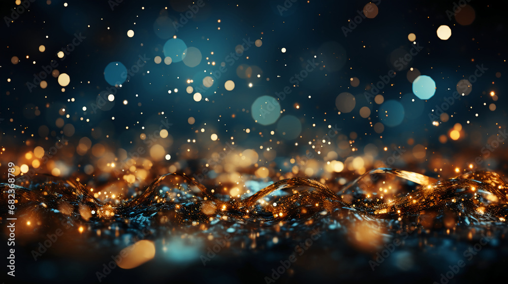 Background of abstract glitter lights. blue, gold and black. AI generative