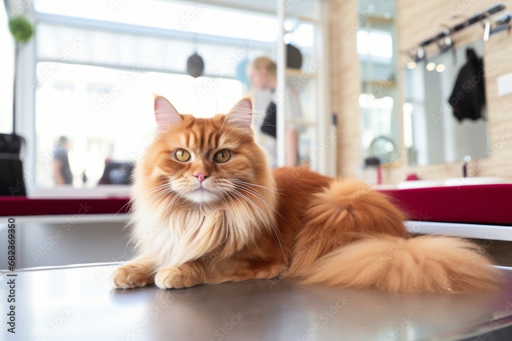 Happy clean well-groomed combed cat on the table in the grooming salon. Charming big red striped Maine Coon. Generative AI.