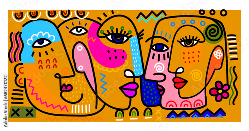 Abstract colorful face portrait, lips, eyes with bold outline hand drawn vector. artistic modern stylist geometric, decorative art print.