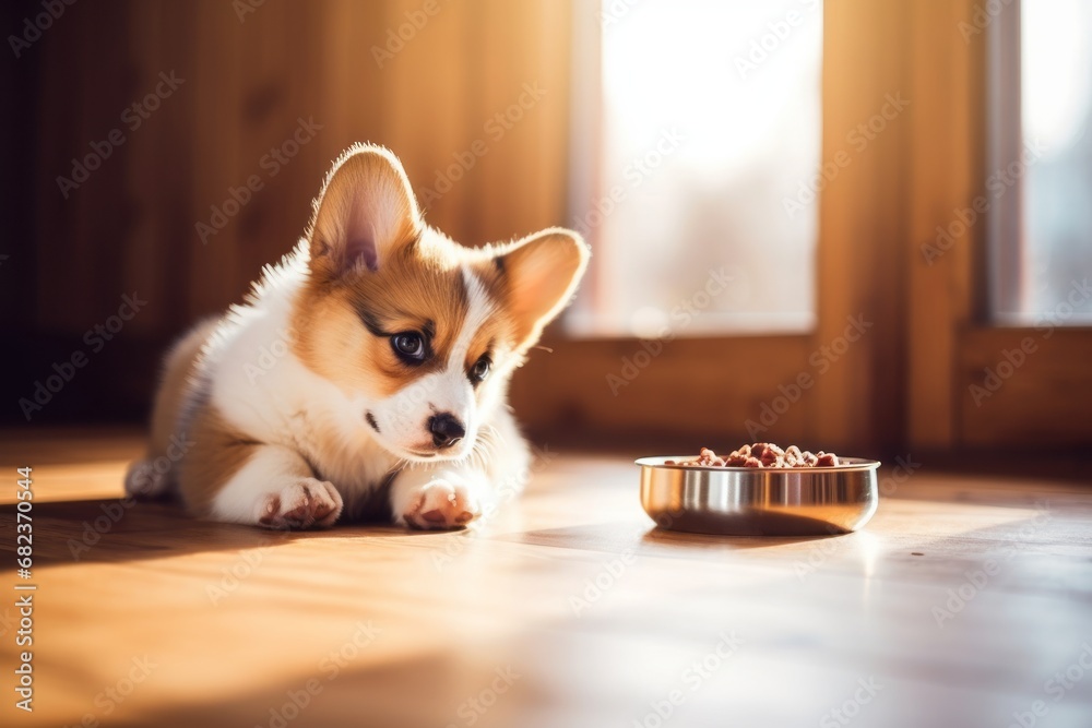 An obedient dog on the wooden floor near a bowl of food and waits for permission. Charming Welsh Corgi Pembroke puppy. Generative AI.