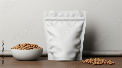 White paper biodegradable bag with zip lock. Packaging of dry pet cats or dogs food. Copy space mockup for logo design or text. Generative AI.