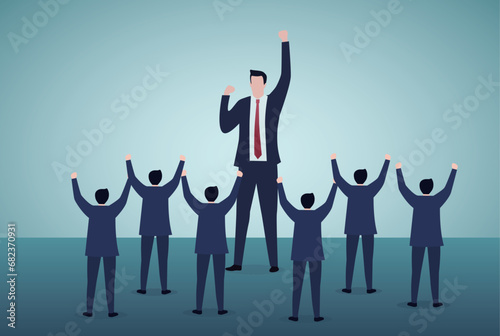 Leadership, election concept. Businessman encouraging colleagues.