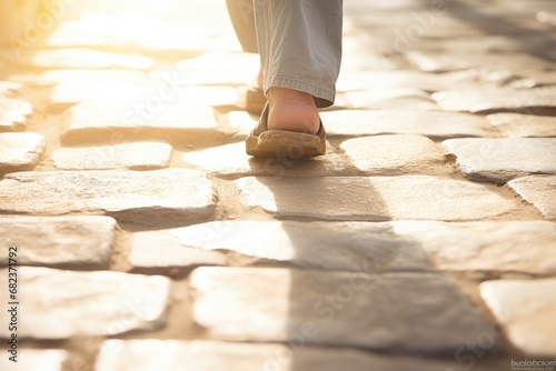 Feet of Jesus Christ standing on old road. Christianity, gospel, salvation, discipleship concept