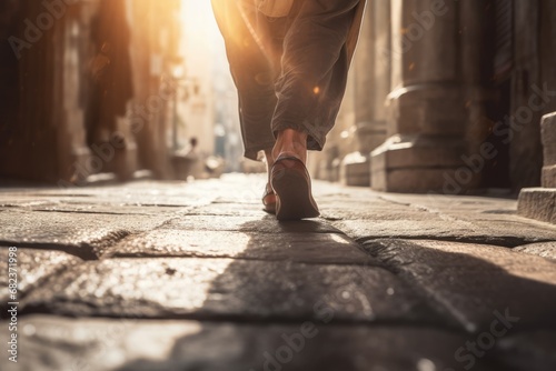 Feet of Jesus Christ standing on old road. Christianity, gospel, salvation, discipleship concept