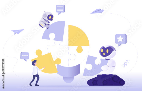 Artificial intelligence (AI) technology and assemble jigsaw puzzle strategy. Collaboration, problem solving, creative thinking, planning, brainstorming and management to complete success. 