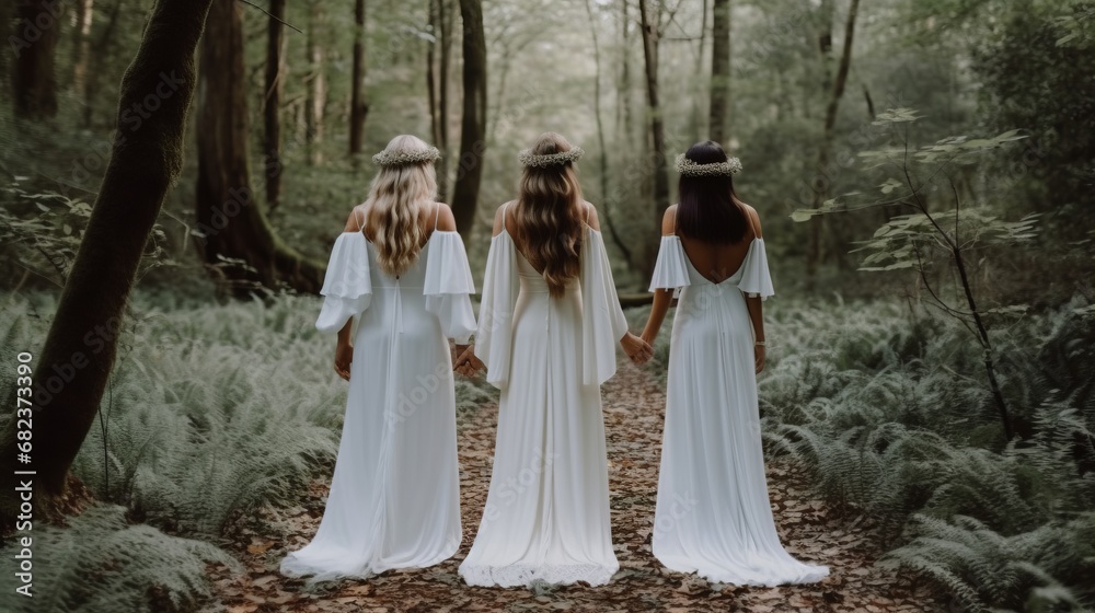 Empowered group of Women in white boho dresses stand in forest, arms raised to sky, a symbol of feminine unity in a serene, coastal setting. A powerful portrayal of sisterhood and strength.