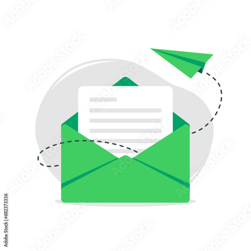 Letter in an envelope with message and a paper airplane. Green email icon. Minimalistic vector illustration.