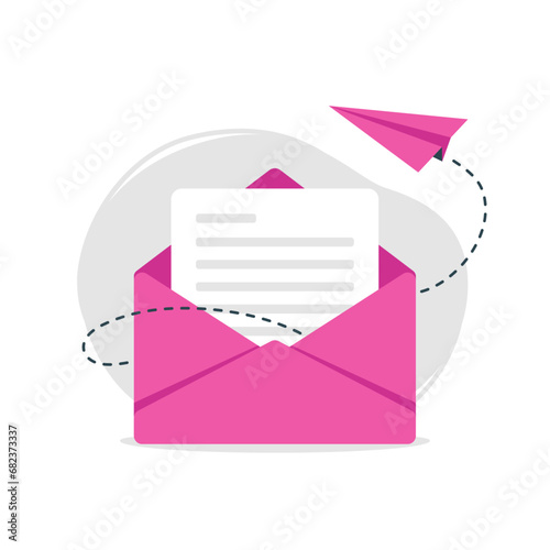 Letter in an envelope with message and a paper airplane. Pink email icon. Minimalistic vector illustration.	
