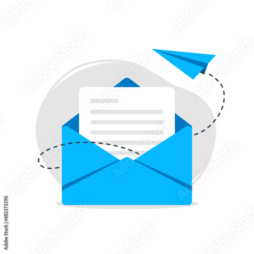Letter in an envelope with message and a paper airplane. Blue email icon. Minimalistic vector illustration.	