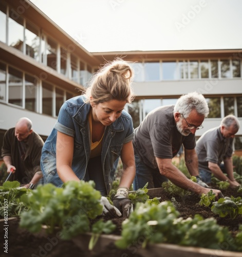 Group of people harvesting from the backyard vegetables garden
