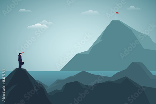 Businessman standing on top of cliff with telescope. Leadership, forecasting, business target concept.