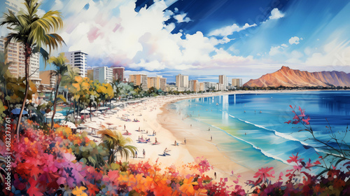 Hawaii Waikiki Watercolor Art Print | USA America Pacific Poster | Seascape Wall Art | Art Decor photo