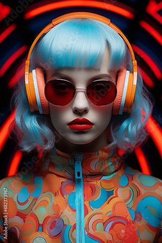 Vibrant Melodies: A Woman Immersed in Music and Sporting Daring Blue Hair. A woman with blue hair and headphones on surrounded by neon lights.