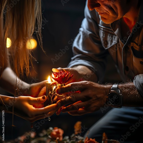   two people taking a hand to a red rose in front of a fire,Valentines Day, Propose day,  Valentines Day date. 

