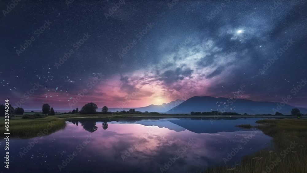 Panoramic Starry night Milky way with lake. beautiful view. In cartoon or anime watercolor illustration style looping video background