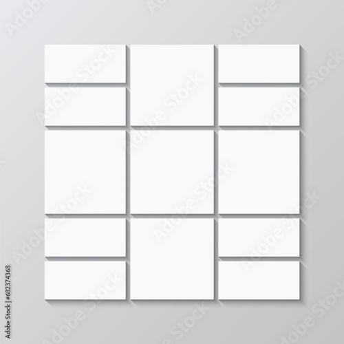 Mood board picture frame. Photo collage template. Scrapbook grid. Moodboard square banner. Images mosaic mockup. Portfolio gallery layout. Album brandboard. Vector illustration