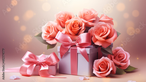 Gift box and Valentine s Day flowers vector with background