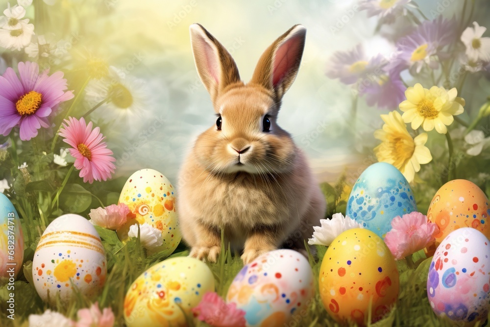 Easter bunny and colorful eggs on green grass with flowers background. Easter bunny and colorful eggs on green grass with flowers background.