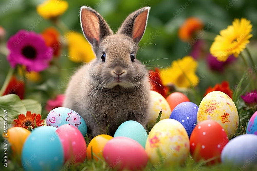 Easter bunny and colorful eggs on green grass with flowers background. Easter bunny and colorful eggs on green grass with flowers background.