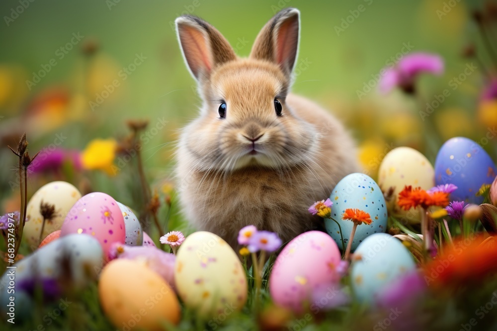 Easter bunny and colorful eggs on green grass with flowers background. Easter bunny and colorful eggs on green grass with flowers background.