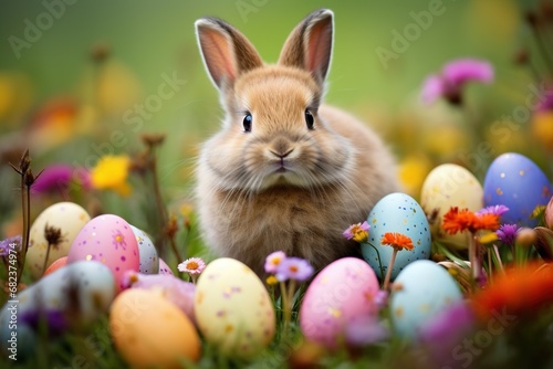 Easter bunny and colorful eggs on green grass with flowers background.