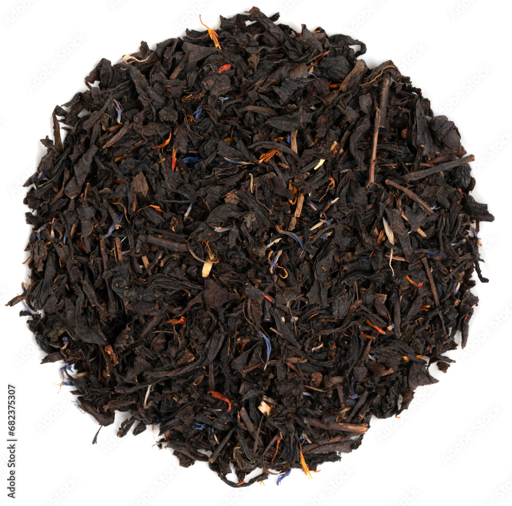 Pile leaf tea with various additives isolated on white background, top view. Heap of dried tea Pile leaf tea with various additives isolated on white background, top view. Heap of dried tea