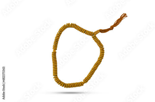 beads on White background. golden beads. Golden prayer beads made of stone, isolated on a white background, vector illustration, prayer beads standing 