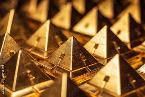 Pyramids out of golden material used for decoration, background helpful for financial topics