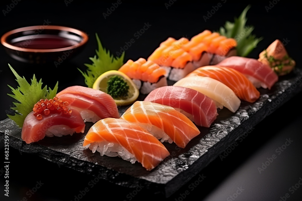 Sushi and sashimi served on black plate