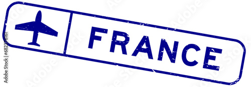 Grunge blue france word with plane icon square rubber seal stamp on white background