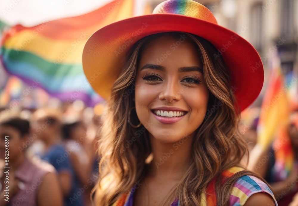 Beautiful white women celebrate pride day, pride flag and blurred crowd of people on the background Beautiful white women celebrate pride day, pride flag and blurred crowd of people on the background